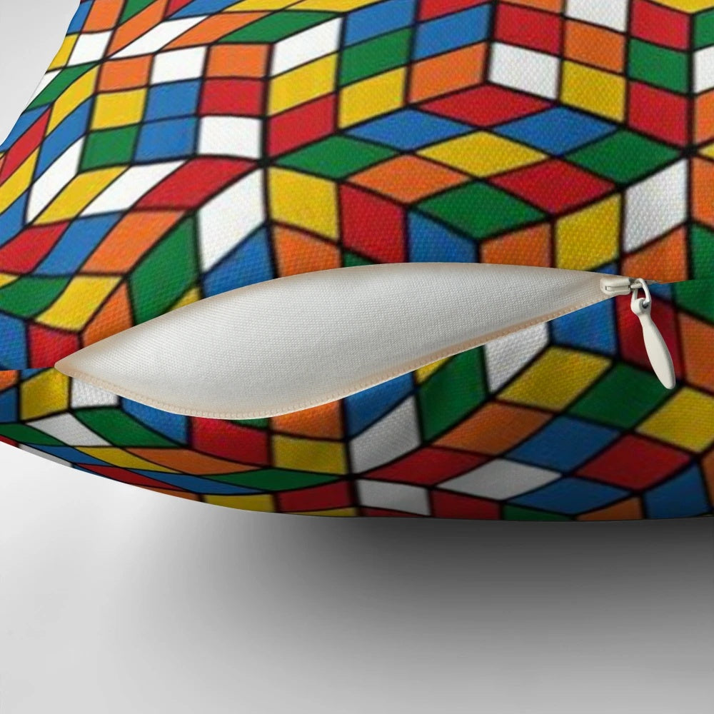 Colorful Rubik's Cube pattern printed on a soft, plush throw pillow.