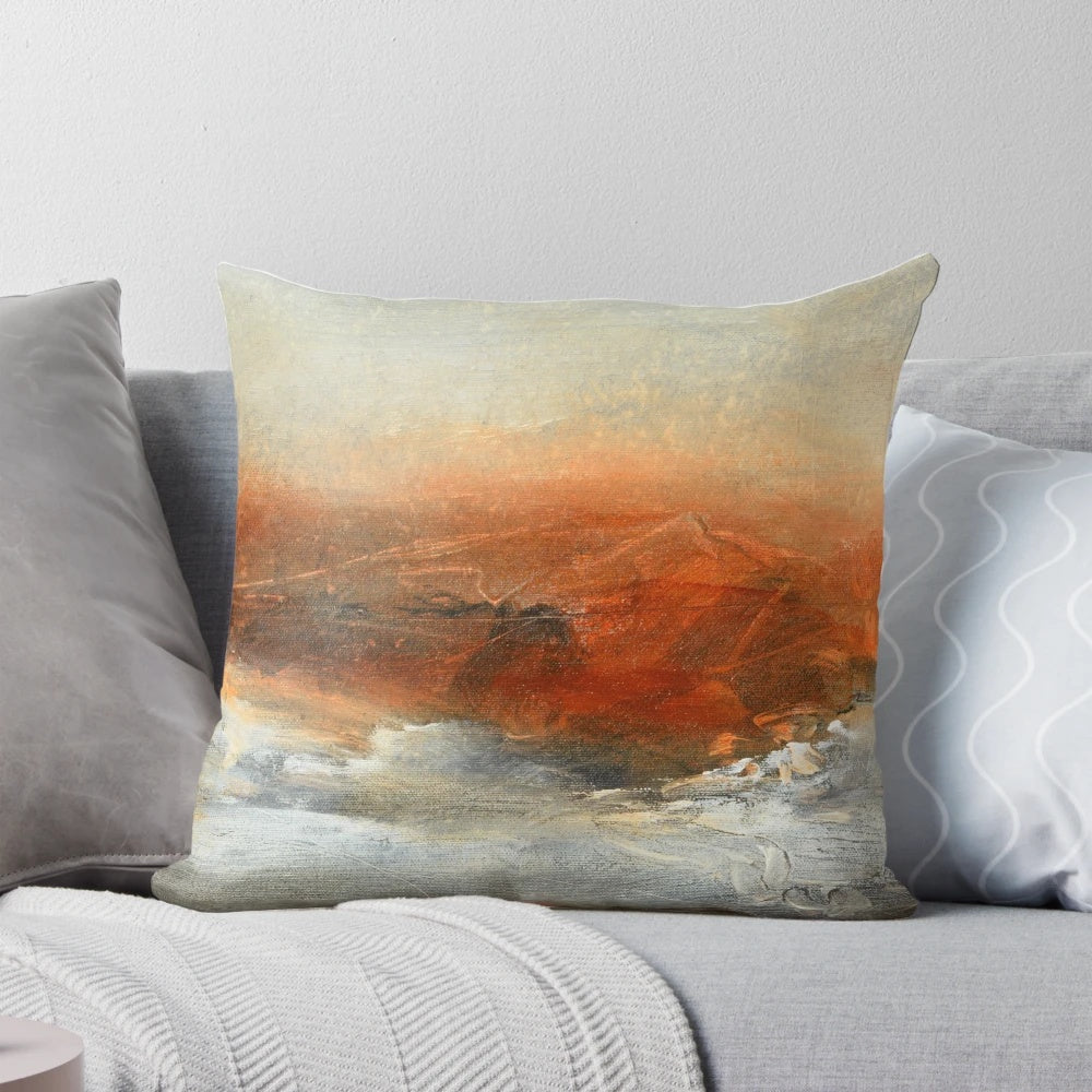 Rust-inspired abstract landscape painting on a large decorative pillow.