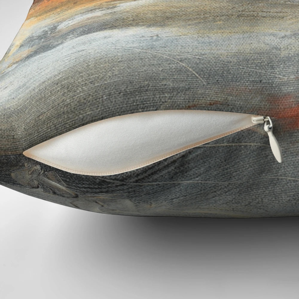 Rust-inspired abstract landscape painting on a large decorative pillow.