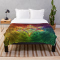 Colorful sacred geometry plush blanket with flower of life and merkabah design