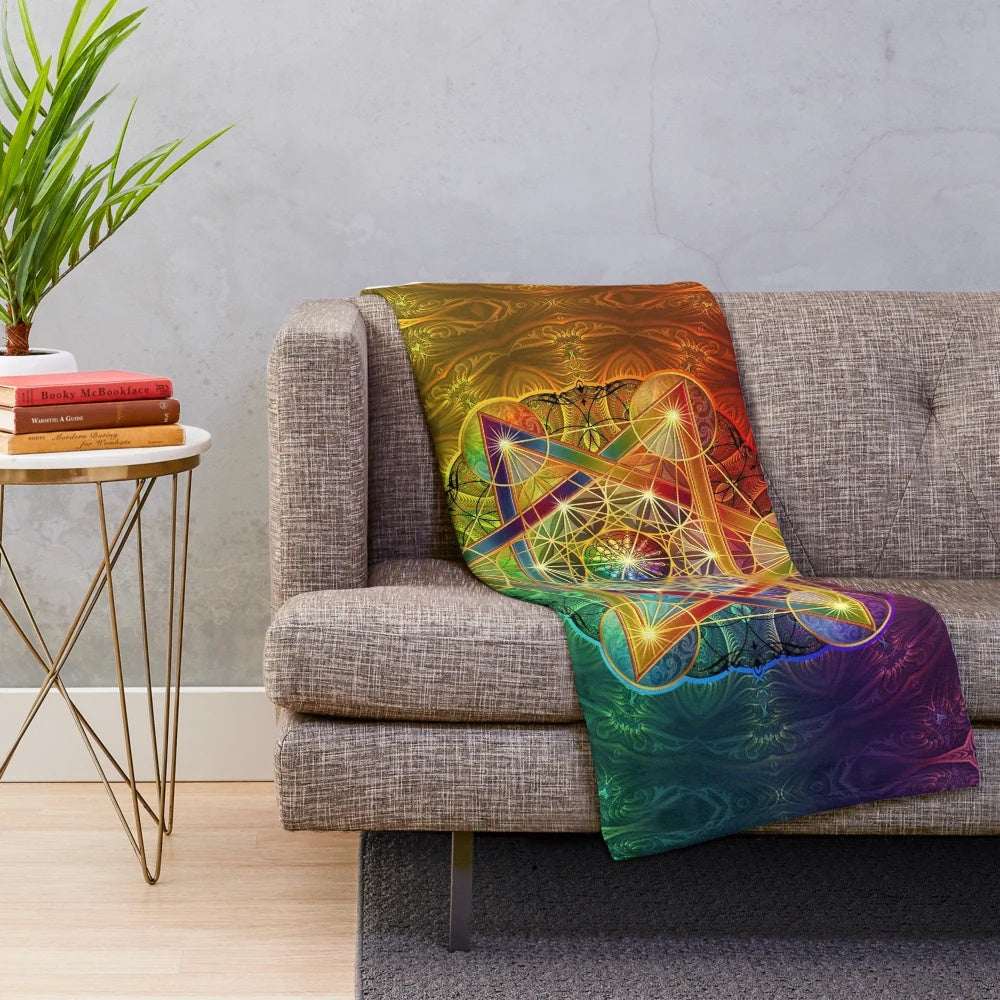 Colorful sacred geometry plush blanket with flower of life and merkabah design