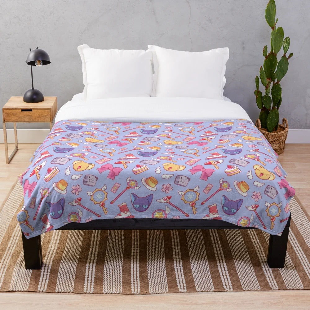 Sakura-inspired plush blanket with a violet pattern and anime-style design