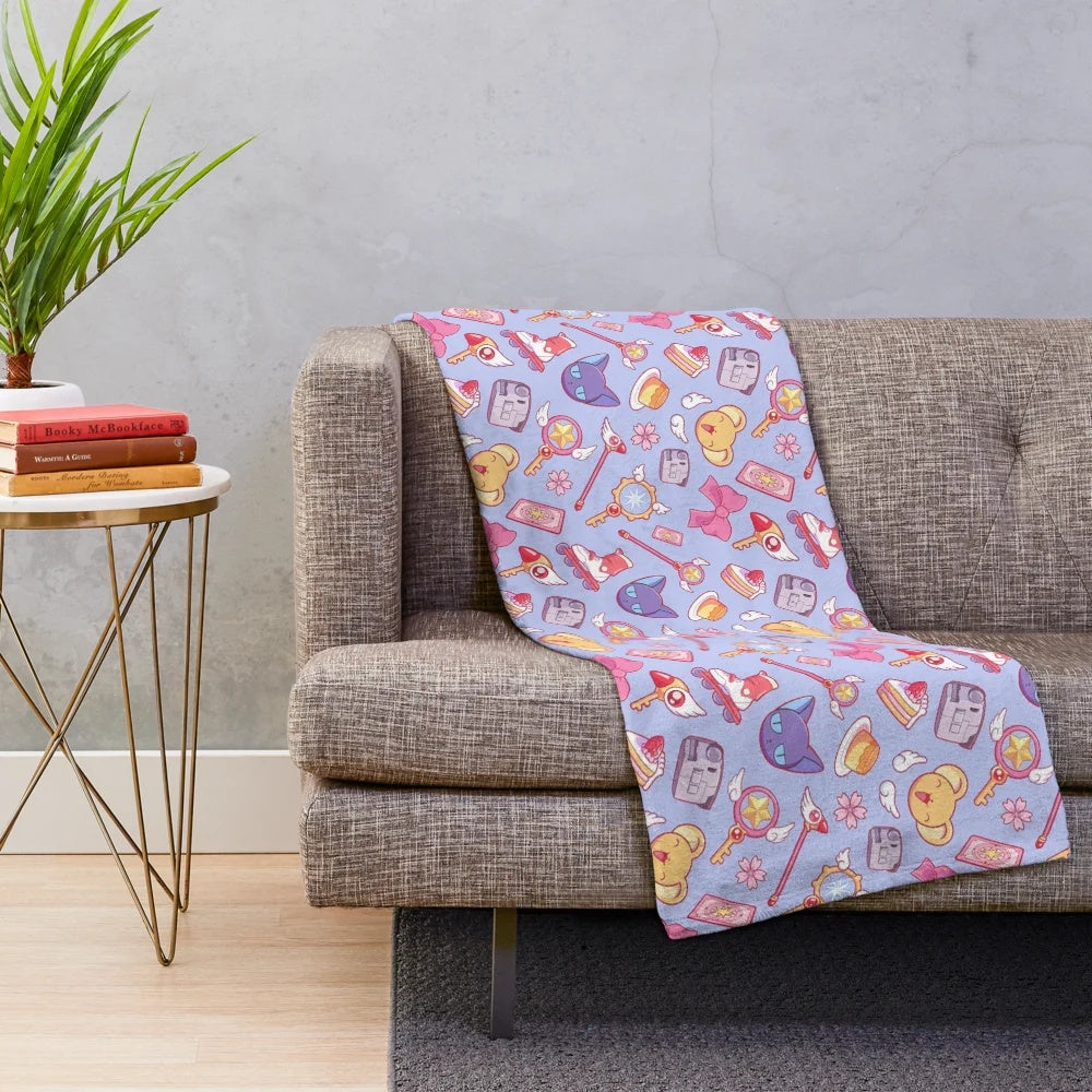 Sakura-inspired plush blanket with a violet pattern and anime-style design