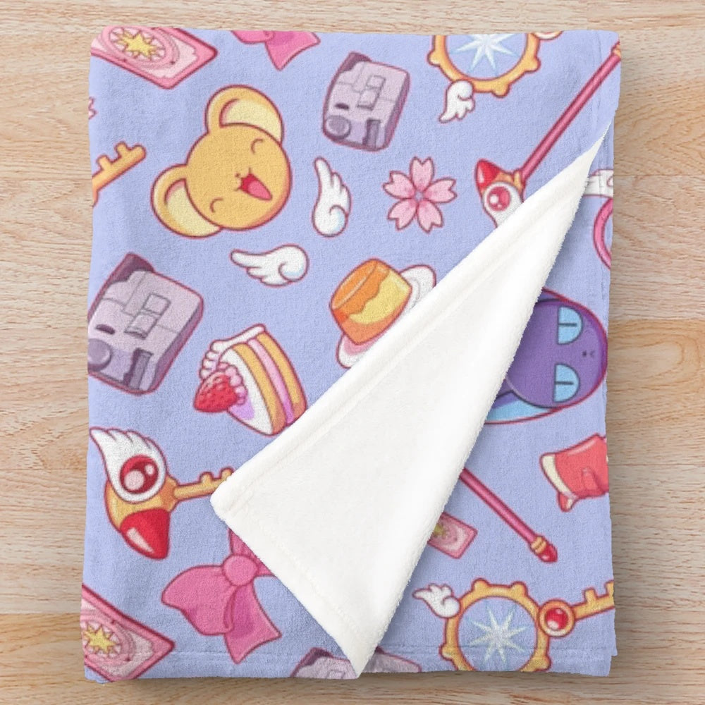 Sakura-inspired plush blanket with a violet pattern and anime-style design
