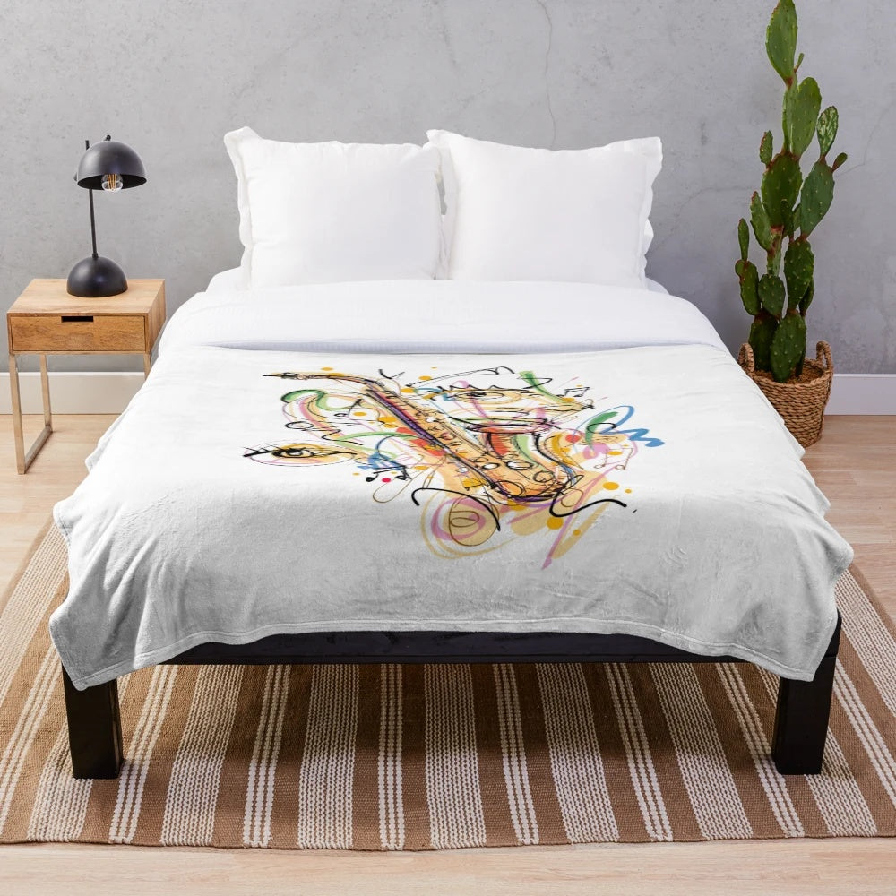 Colorful saxophone plush blanket with bright, eye-catching design