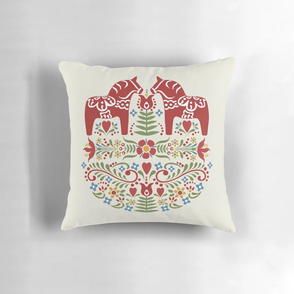 Colorful Scandinavian Dala Horse Throw Pillow featuring intricate Swedish folk art