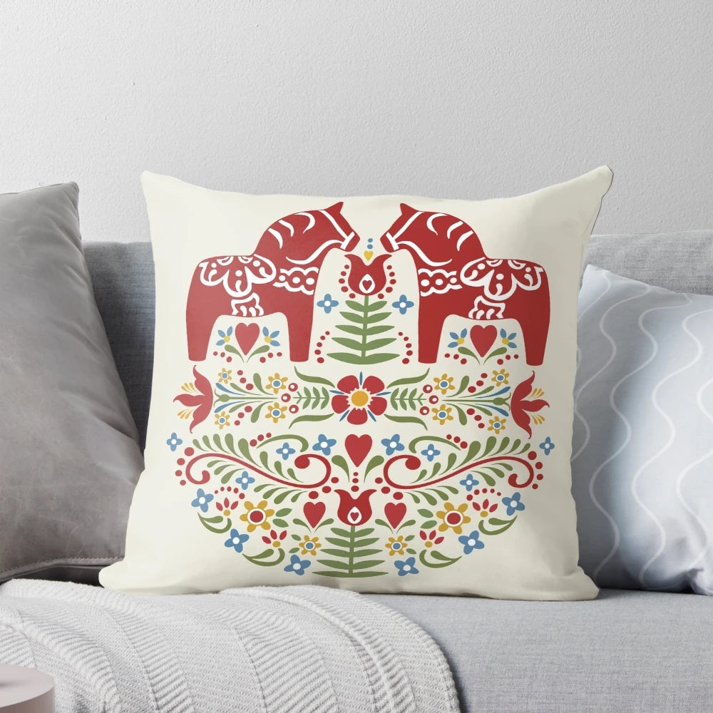 Colorful Scandinavian Dala Horse Throw Pillow featuring intricate Swedish folk art