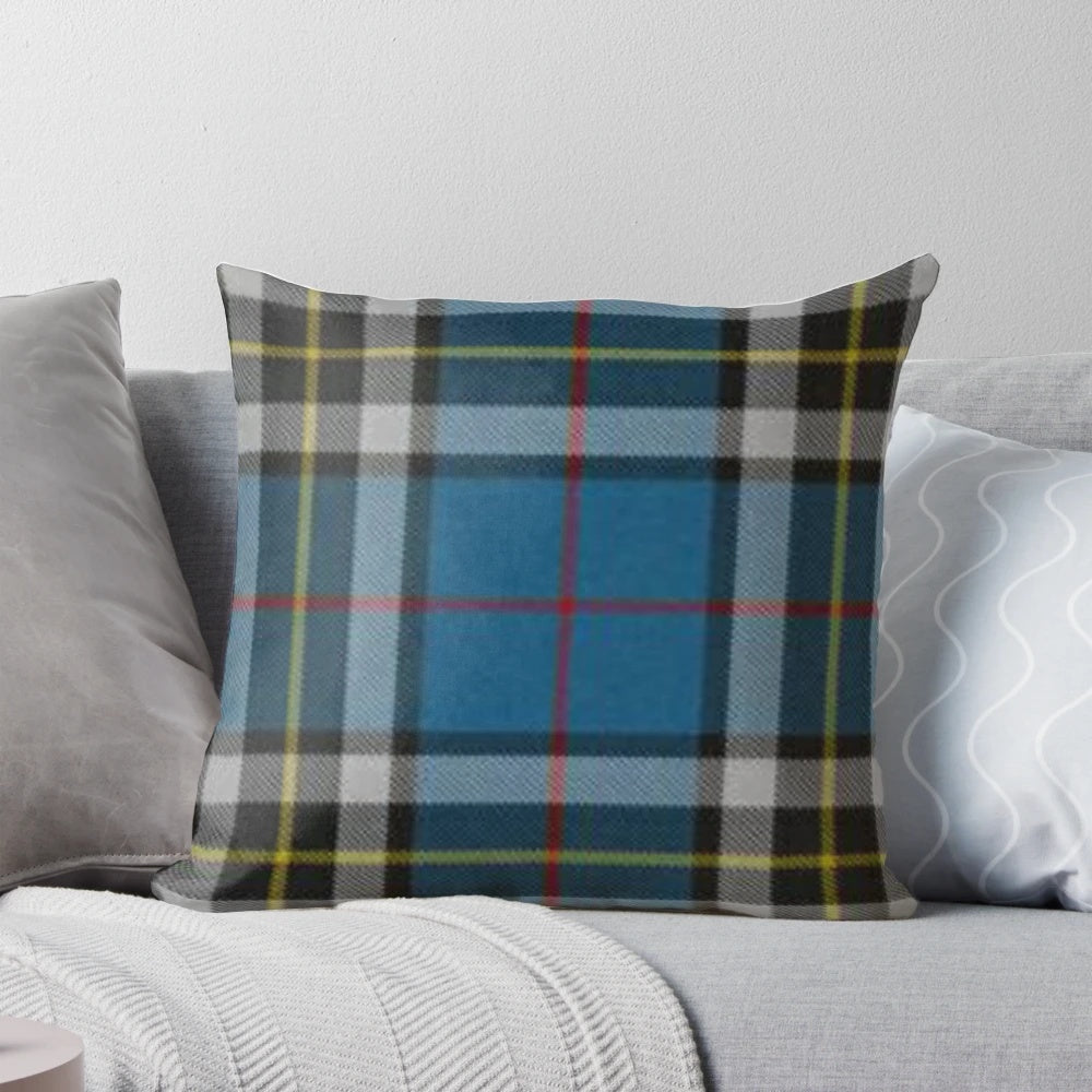 Vibrant blue, navy, and yellow Scottish tartan print pillow