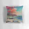 Colorful abstract landscape pillow featuring a vibrant Scottish seascape with orange clouds and a tranquil loch.