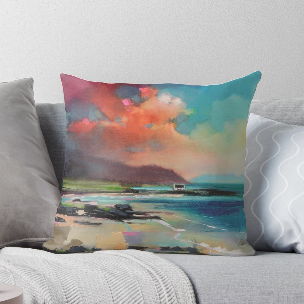Colorful abstract landscape pillow featuring a vibrant Scottish seascape with orange clouds and a tranquil loch.
