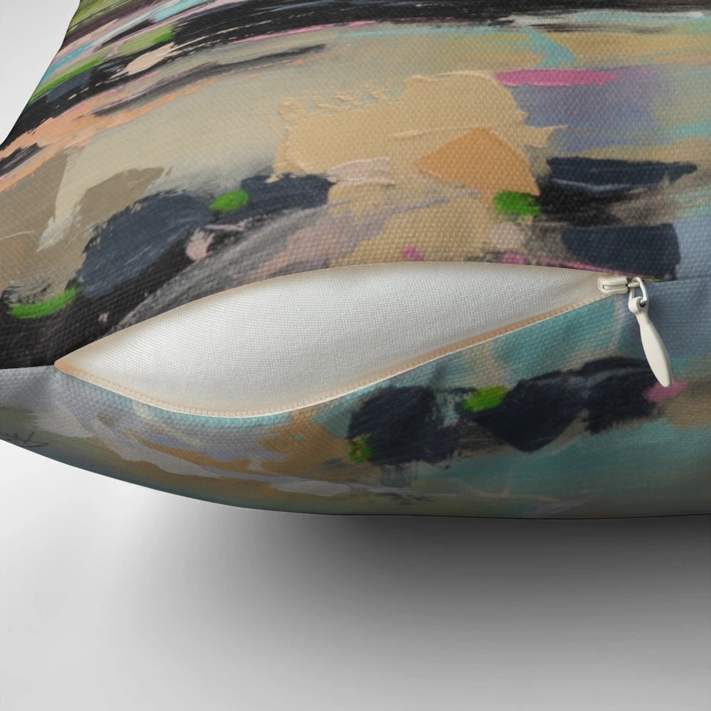 Colorful abstract landscape pillow featuring a vibrant Scottish seascape with orange clouds and a tranquil loch.