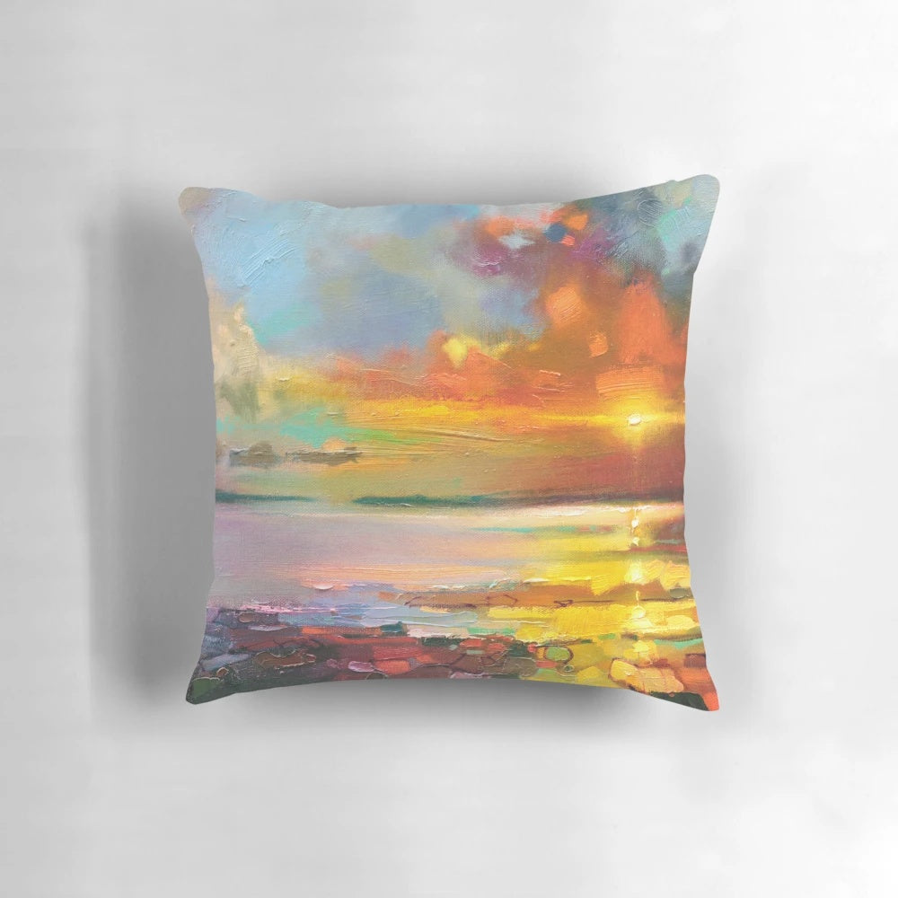Colorful abstract landscape pillow featuring a vibrant Scottish seascape scene.