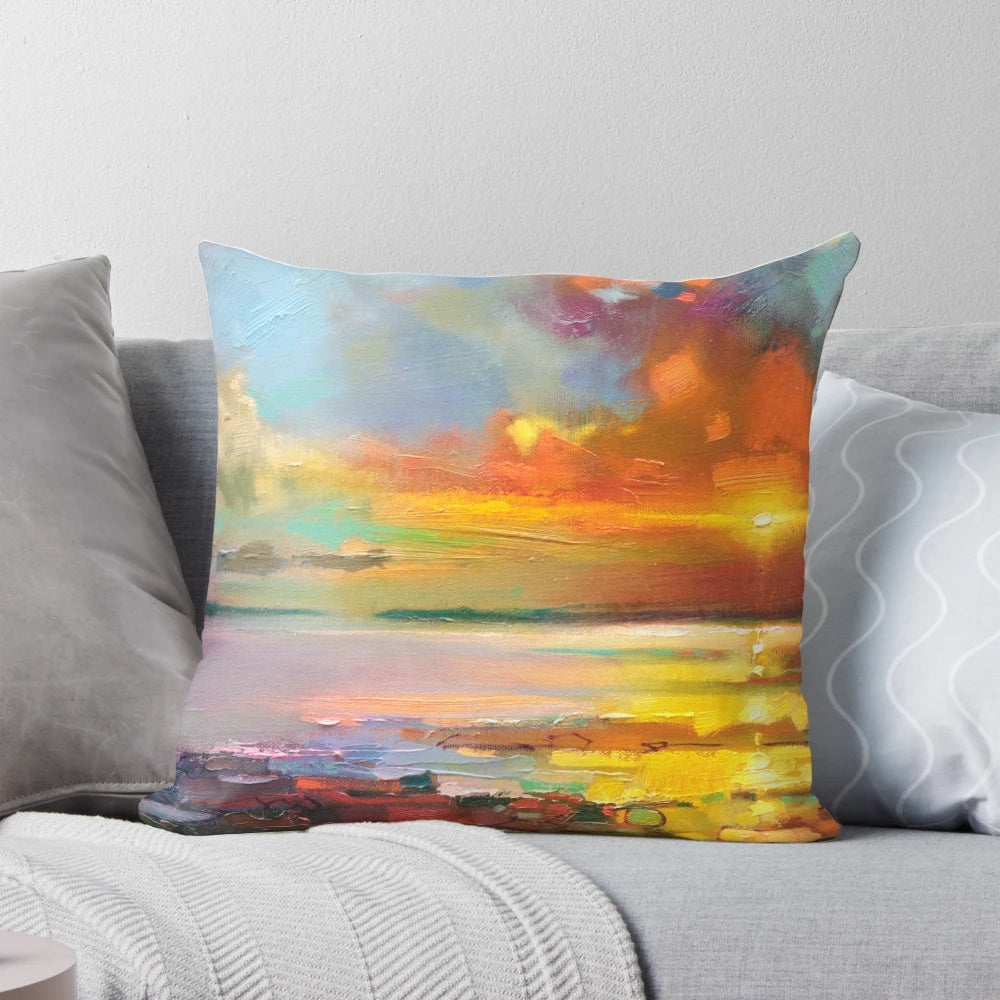Colorful abstract landscape pillow featuring a vibrant Scottish seascape scene.
