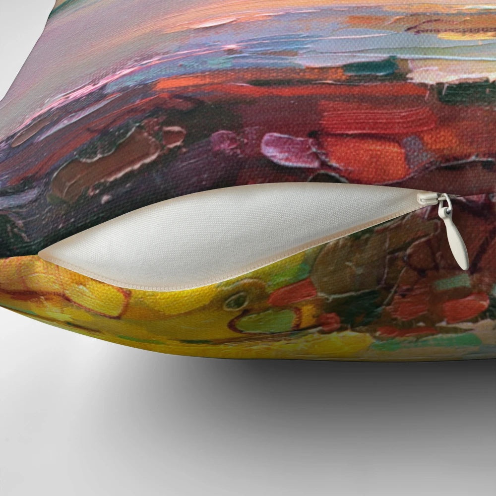 Colorful abstract landscape pillow featuring a vibrant Scottish seascape scene.