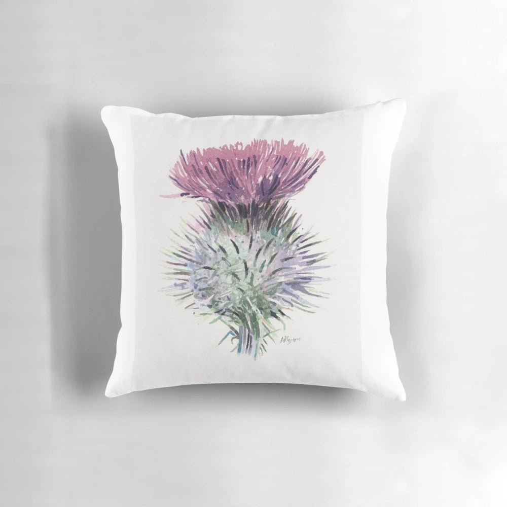 Watercolor painting of a stylized purple scottish thistle flower.