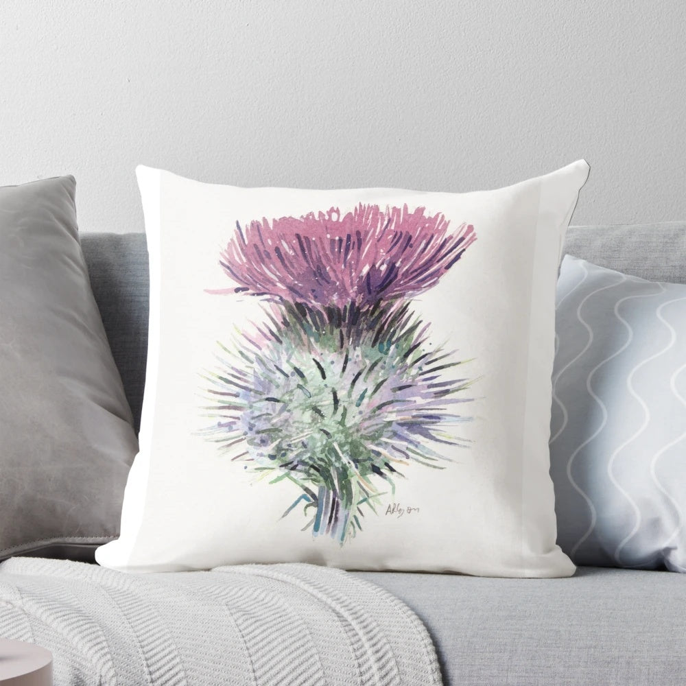 Watercolor painting of a stylized purple scottish thistle flower.