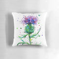 A beautifully detailed watercolor and pen illustration of a vibrant Scottish thistle, featured on a comfortable throw pillow.