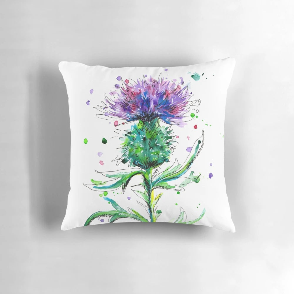 A beautifully detailed watercolor and pen illustration of a vibrant Scottish thistle, featured on a comfortable throw pillow.