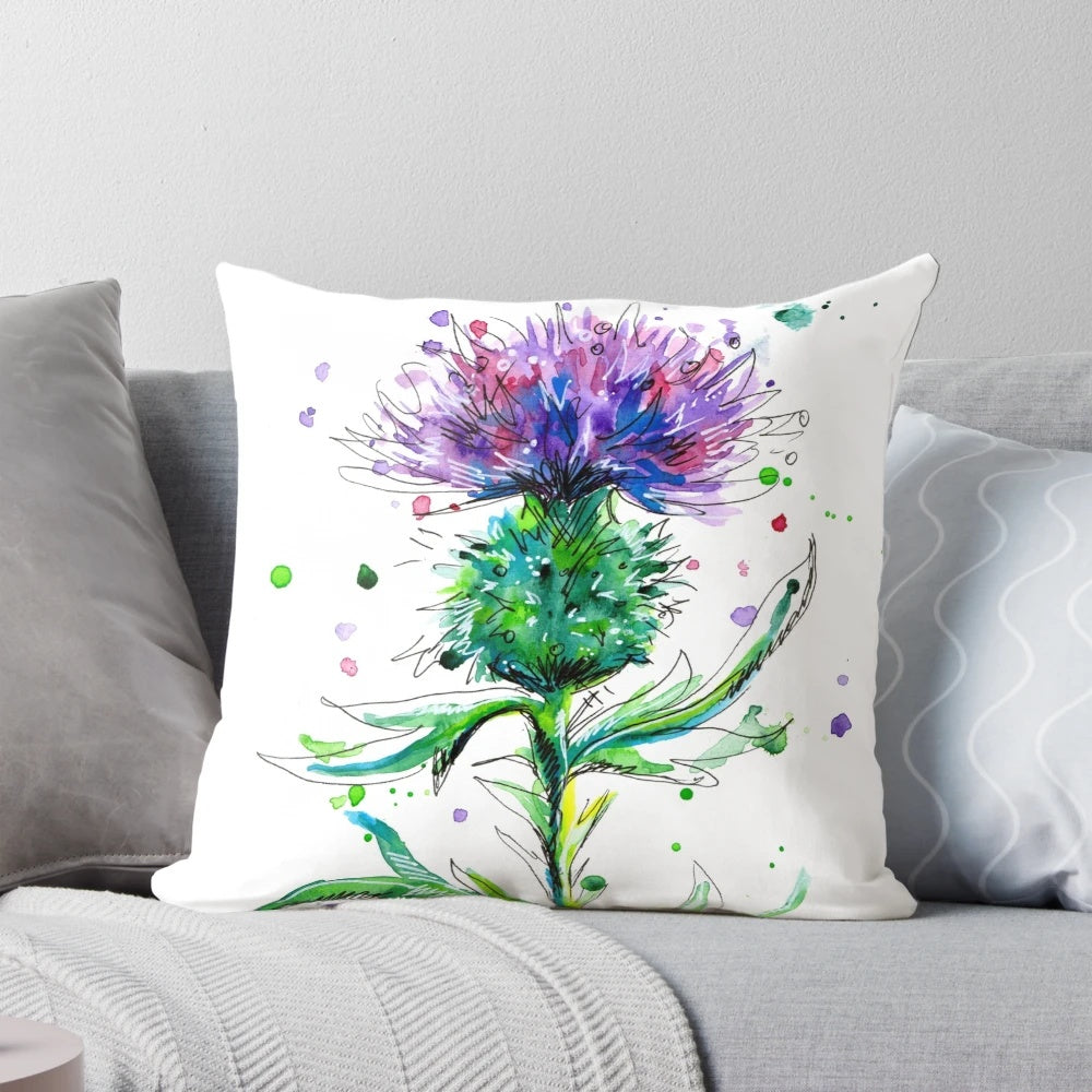 A beautifully detailed watercolor and pen illustration of a vibrant Scottish thistle, featured on a comfortable throw pillow.