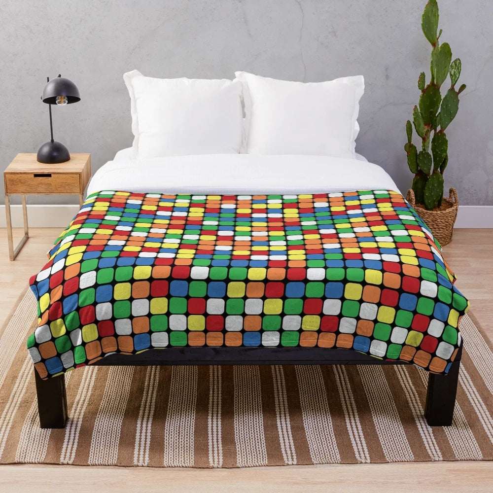 Vibrant scrambled rubik's cube pattern plush blanket