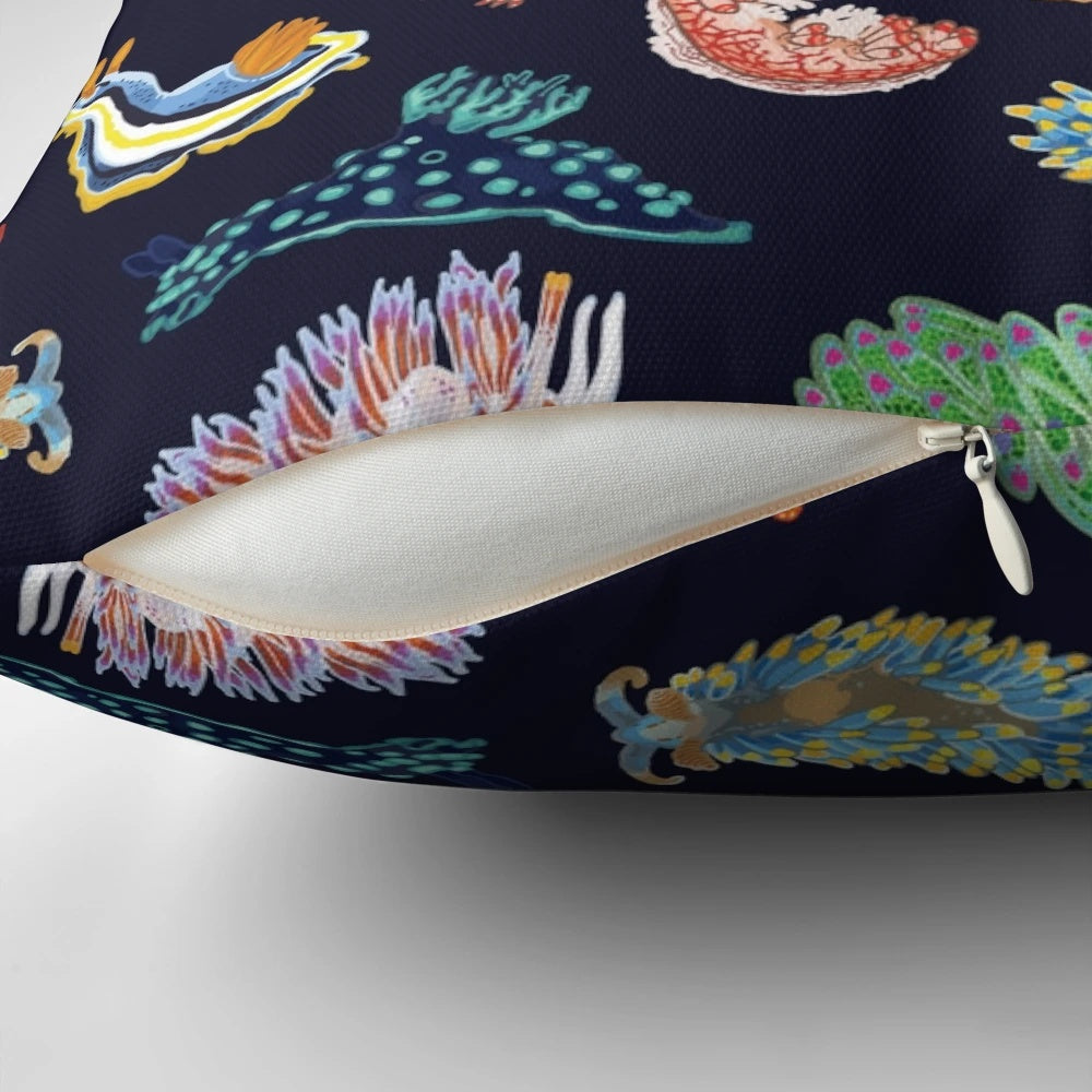 Vibrant and colorful pillow design featuring a detailed illustration of a sea slug or nudibranch, a marine gastropod mollusk.