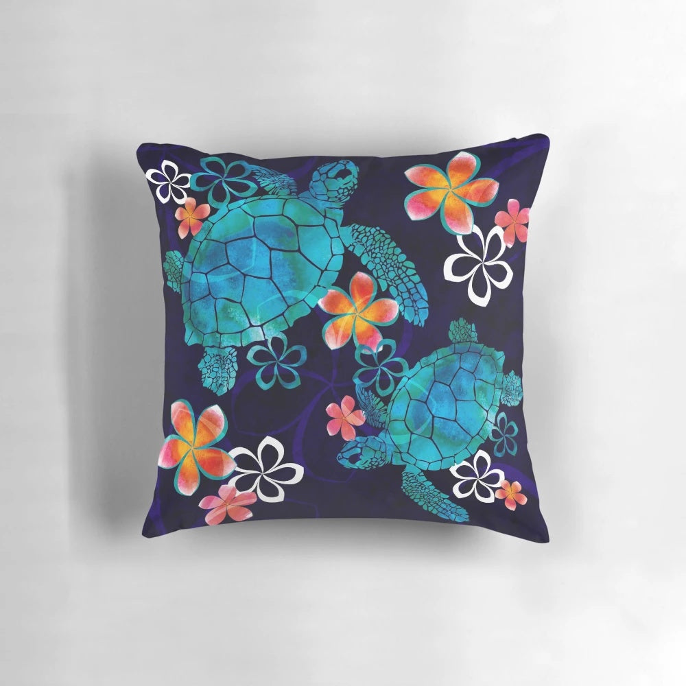 Colorful watercolor-style pillow with a sea turtle and tropical flowers