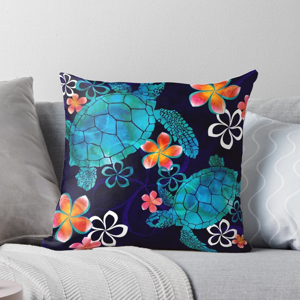 Colorful watercolor-style pillow with a sea turtle and tropical flowers