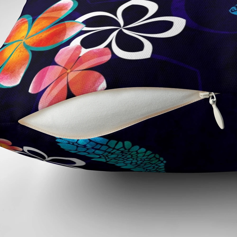 Colorful watercolor-style pillow with a sea turtle and tropical flowers