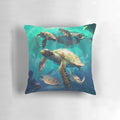Colorful sea turtle pillow featuring an underwater scene with coral and marine life