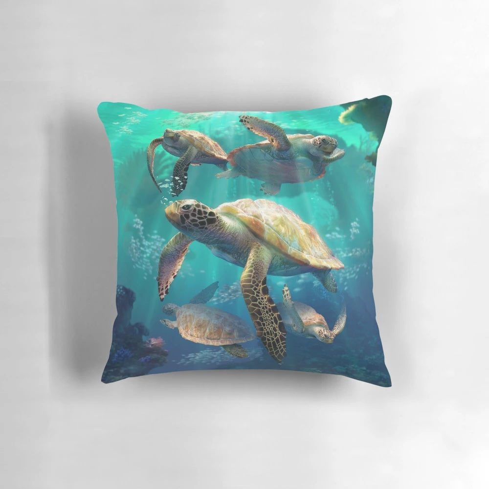 Colorful sea turtle pillow featuring an underwater scene with coral and marine life