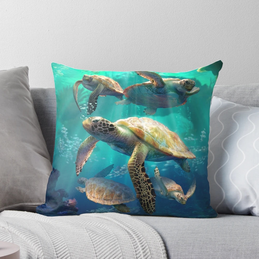 Colorful sea turtle pillow featuring an underwater scene with coral and marine life