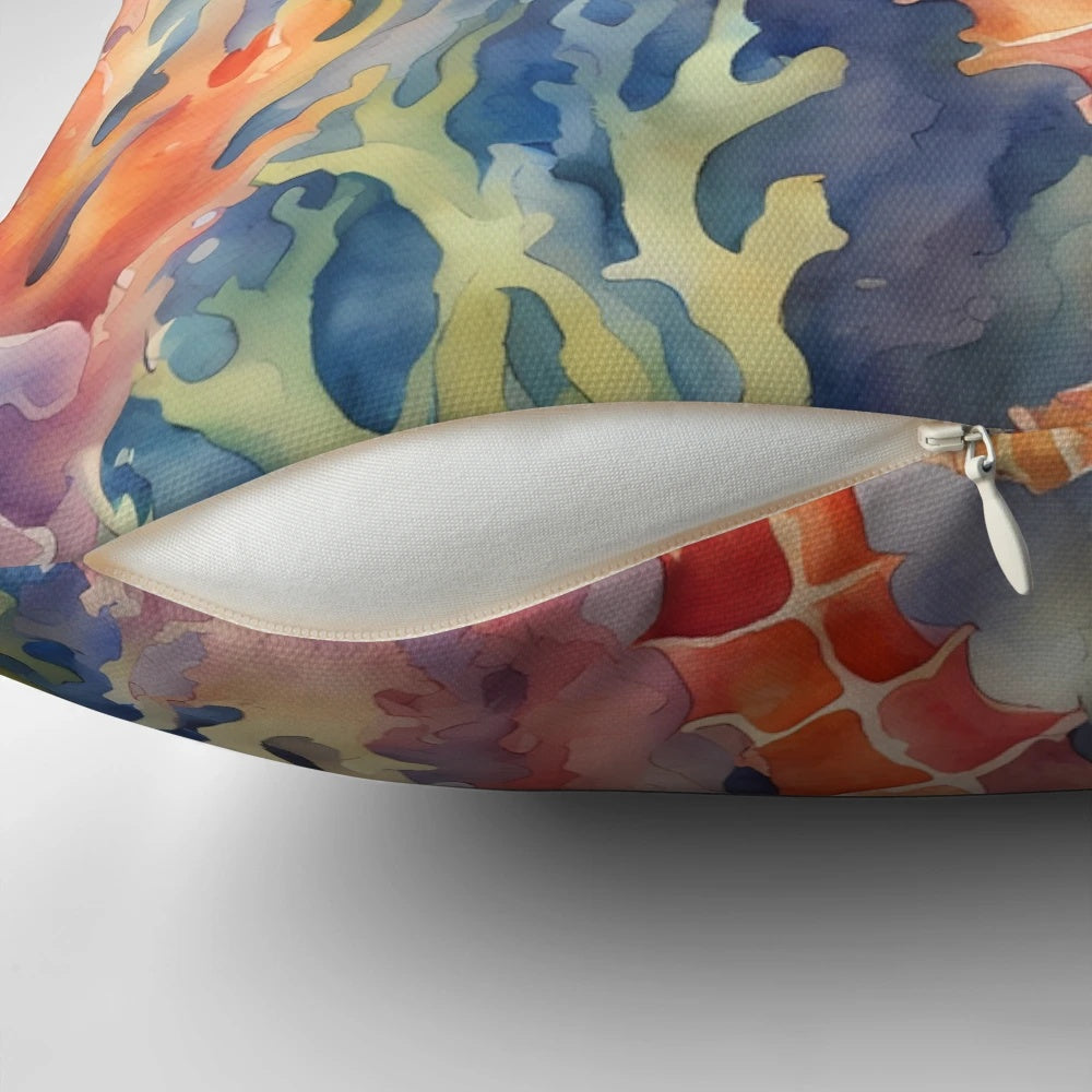 A beautiful watercolor illustration of a seahorse swimming among a colorful coral reef on a decorative throw pillow.