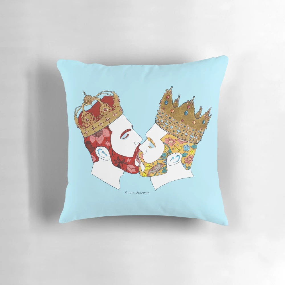 Colorful floral pattern pillow in shades of yellow, red, and green with a rainbow accent