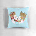 Colorful floral pattern pillow in shades of yellow, red, and green with a rainbow accent