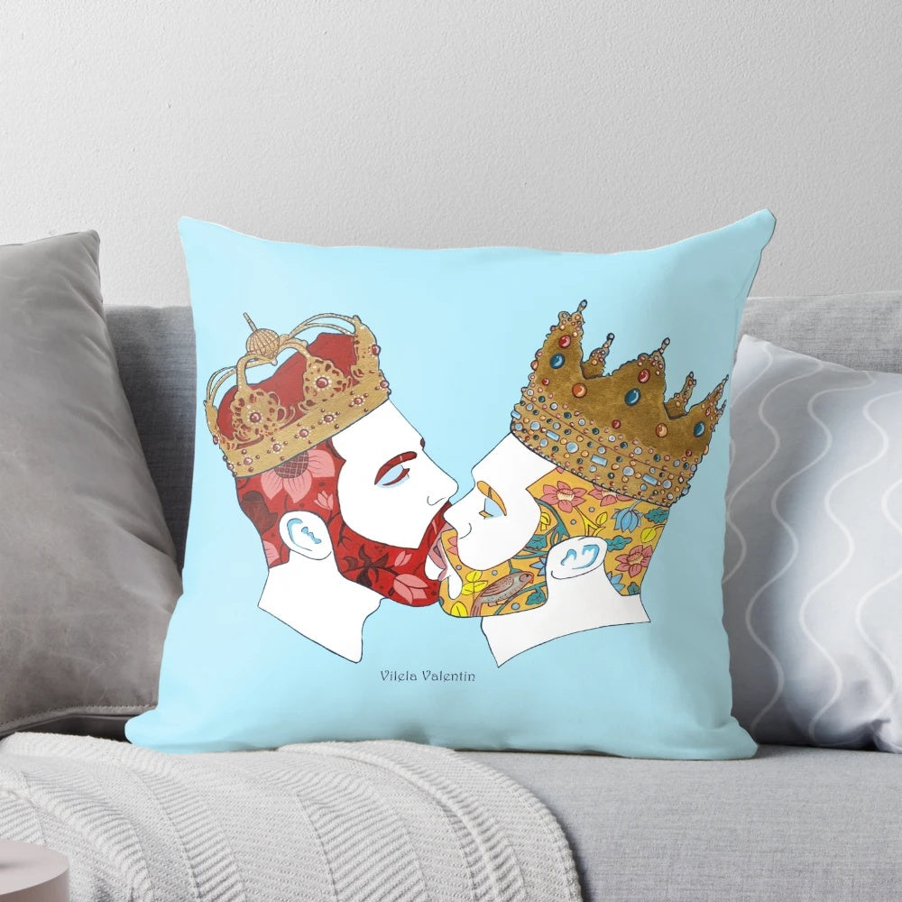 Colorful floral pattern pillow in shades of yellow, red, and green with a rainbow accent