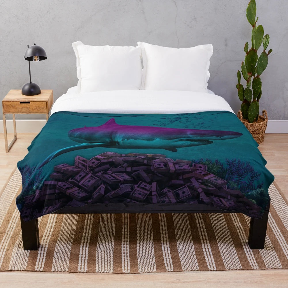 Colorful shark-themed plush blanket with motivational and high society culture vibes