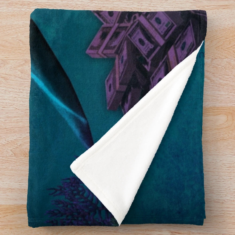 Colorful shark-themed plush blanket with motivational and high society culture vibes