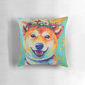 A colorful Shiba Inu dog wearing a floral crown, resting on a soft pillow with a traditional Japanese art style.