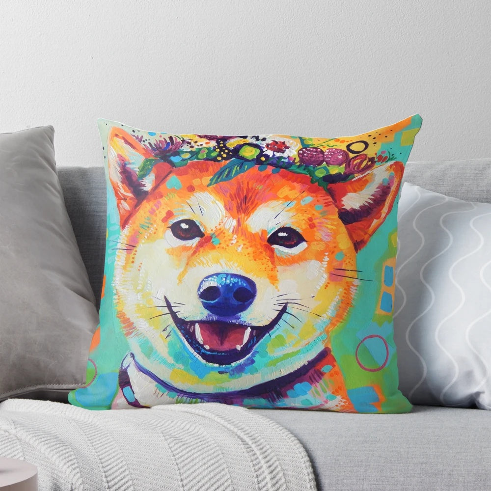 A colorful Shiba Inu dog wearing a floral crown, resting on a soft pillow with a traditional Japanese art style.