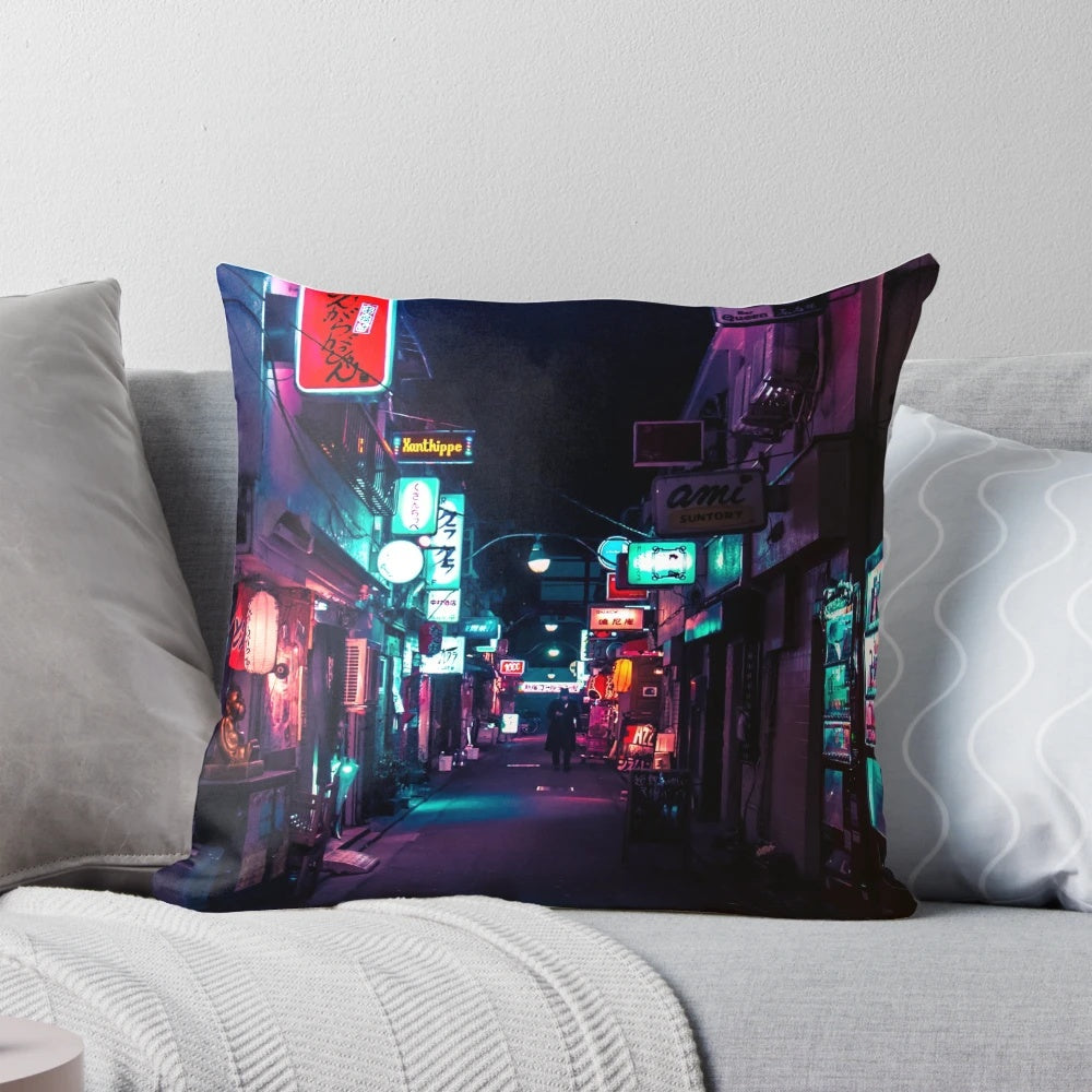 Pillow featuring the neon-lit alleyways of Shinjuku's iconic Golden Gai district in Tokyo, Japan.