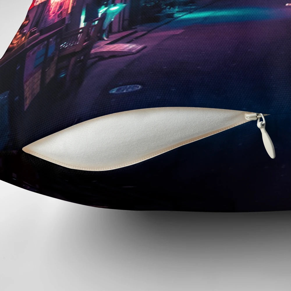Pillow featuring the neon-lit alleyways of Shinjuku's iconic Golden Gai district in Tokyo, Japan.