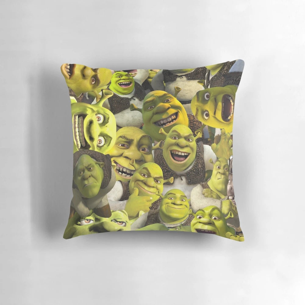 A colorful, Shrek-themed collage design printed on a soft, comfortable throw pillow.