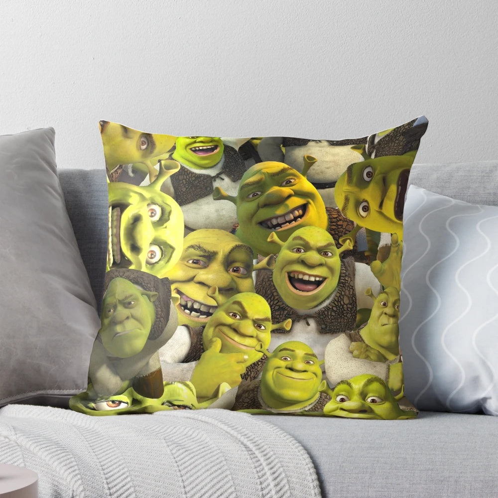 A colorful, Shrek-themed collage design printed on a soft, comfortable throw pillow.