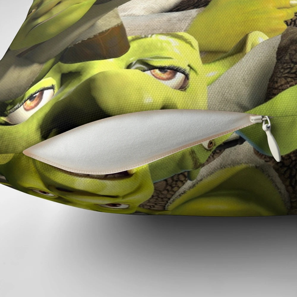 A colorful, Shrek-themed collage design printed on a soft, comfortable throw pillow.