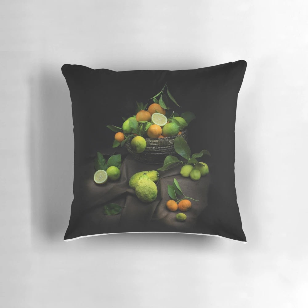 Throw pillow featuring a colorful print of oranges, lemons, and other citrus fruits from Sicily, Italy.