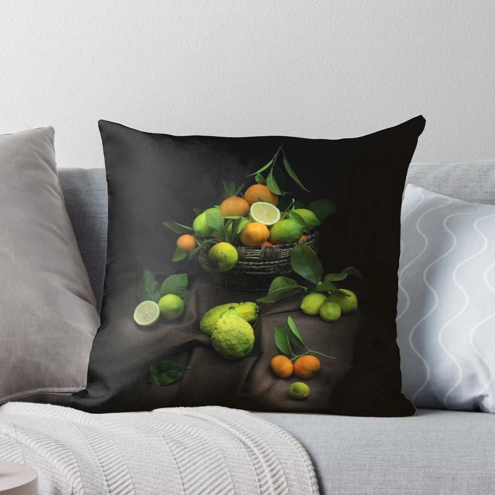 Throw pillow featuring a colorful print of oranges, lemons, and other citrus fruits from Sicily, Italy.