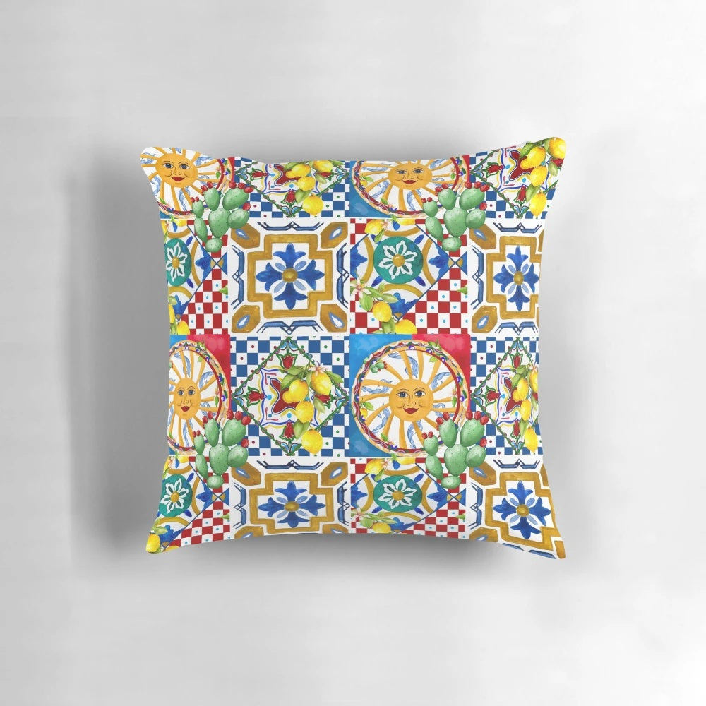 Colorful mosaic pillow with Sicilian tile pattern, lemons, and baroque leaf design