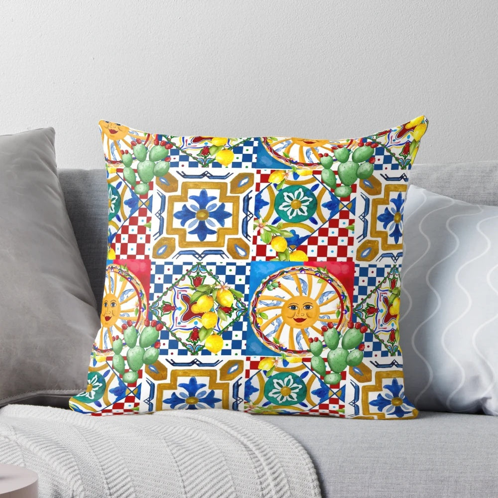 Colorful mosaic pillow with Sicilian tile pattern, lemons, and baroque leaf design
