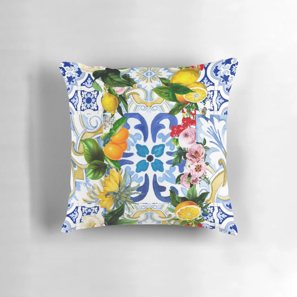 Colorful mosaic pillow featuring a vibrant Sicilian tiles pattern with lemons and citrus fruits