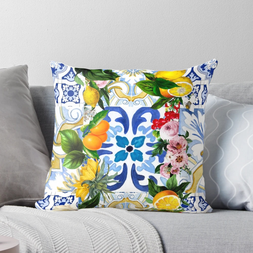 Colorful mosaic pillow featuring a vibrant Sicilian tiles pattern with lemons and citrus fruits